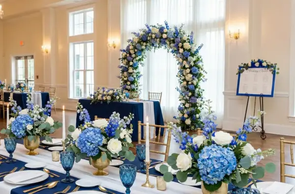 Elegancka sala weselna z niebieskim jako kolorem przewodnim. Dekoracje z niebieskich i białych kwiatów, złote wazony i świece tworzą romantyczną atmosferę.