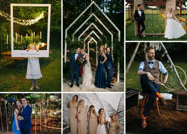 Urocze, niestandardowe atrakcje weselne: dziecięca ramka "Best Wedding", para młoda pod łukiem, panna młoda i pan młody na tle natury, goście z selfie stickiem, drużba i drużki, oraz elegancki pan młody w boho klimacie.